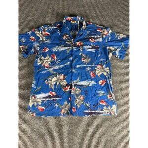 Hawaii Blues Mens Large Blue Tropical Floral Palm Tree Short Sleeve Button Shirt